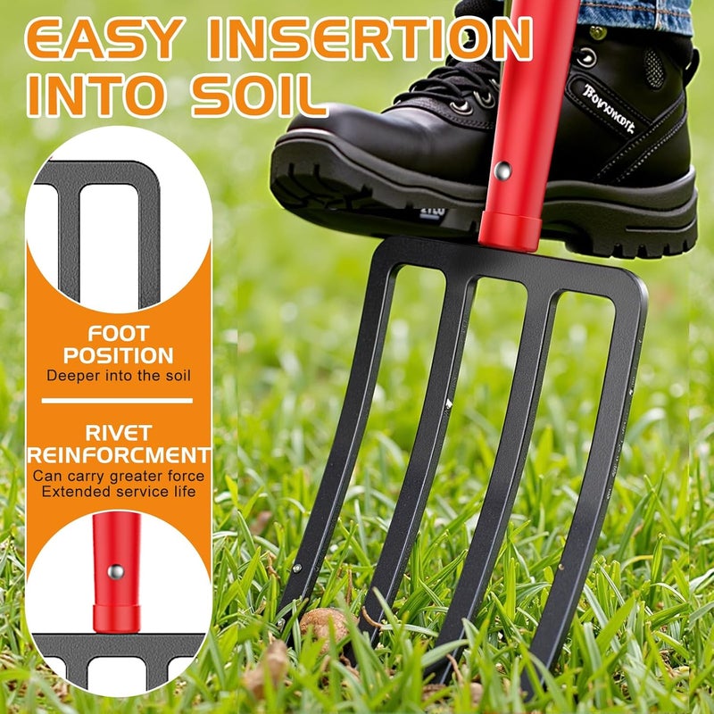Highlight Garden Fork, 4-Tine Spading Fork, Compost Fork, Steel Digging Fork, 45Inch, Steel D-Grip, Wooden Handle - Image 3
